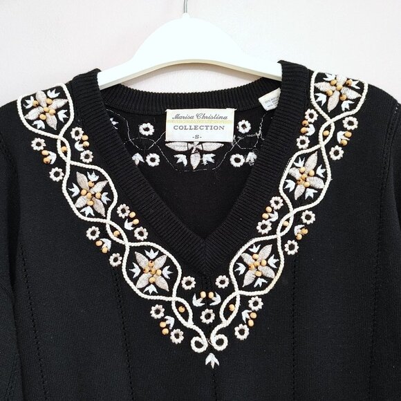 Marisa Christina Beaded V Neck Sweater Women's Size Small Black Acrylic Blend - Picture 3 of 5